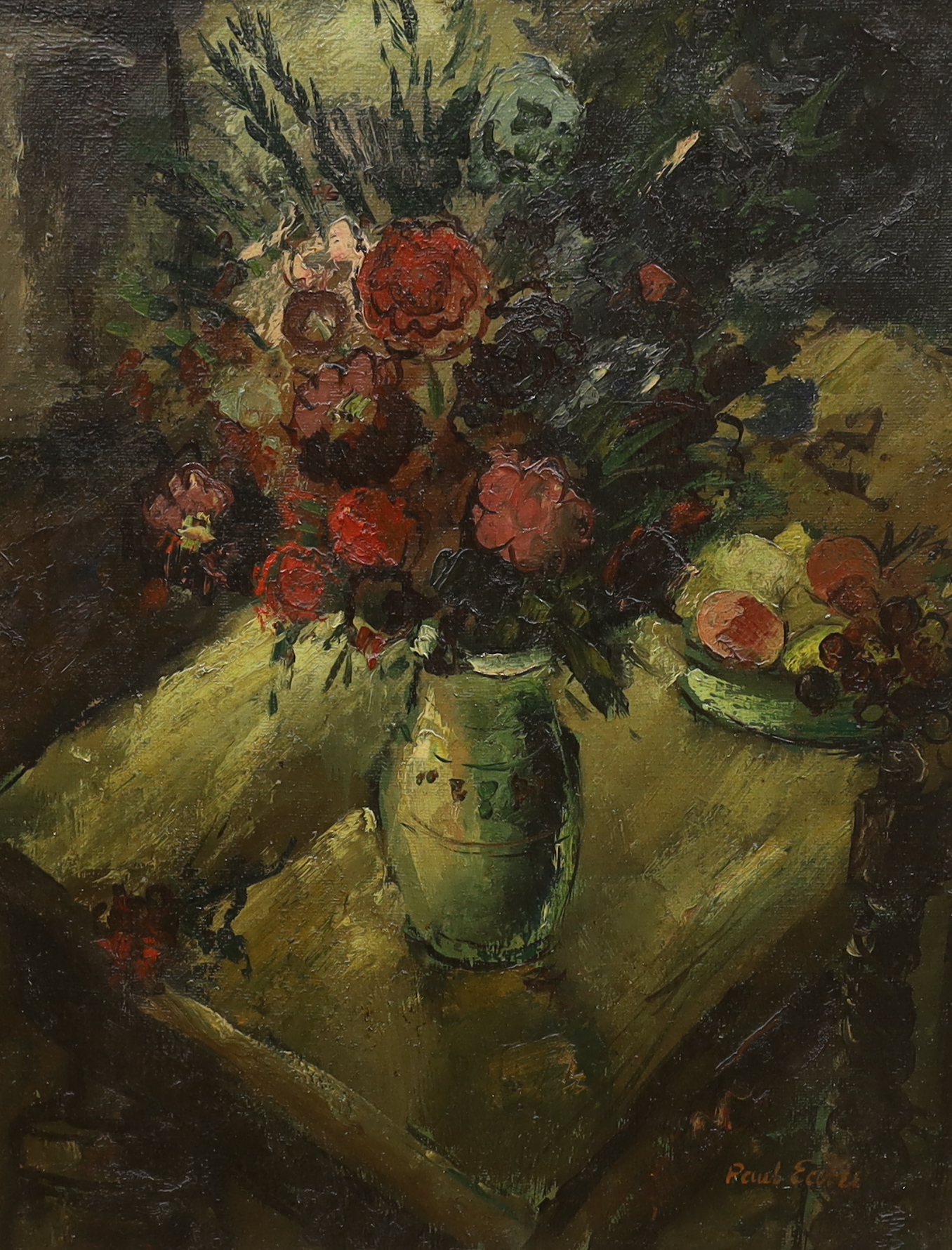 Paul Earee (1888-1968), In the manner of Ruskin Spear, oil on canvas, Still life of flowers and fruit, signed, details verso, 76 x 60cm